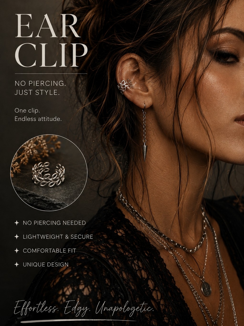 Silver Leaf Ear Clip - No-Piercing Silver Ear Cuff